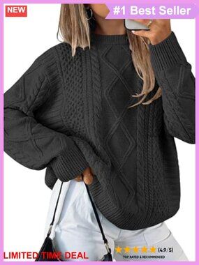 Oversized Cable Knit Pullover Sweater Crewneck Long Sleeve